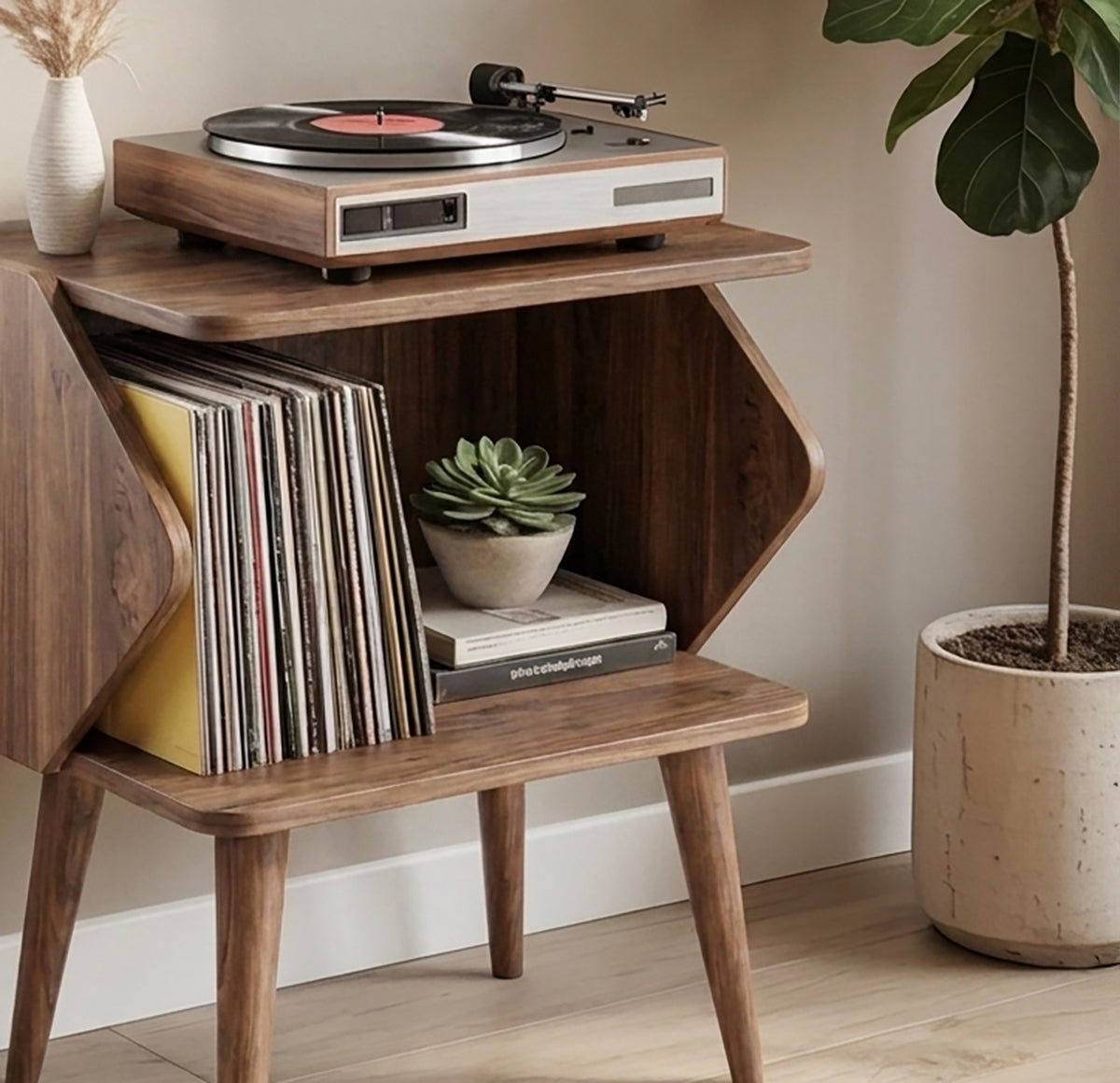 Mid century modern wooden record player stand with vinyl storage