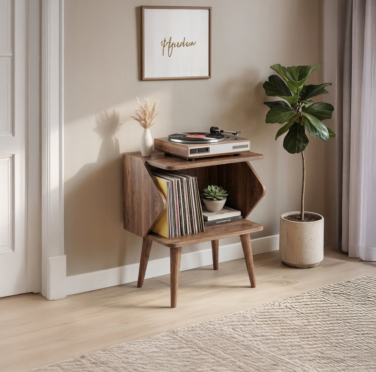 Mid Century Modern Wooden Record Player Stand with Vinyl Storage