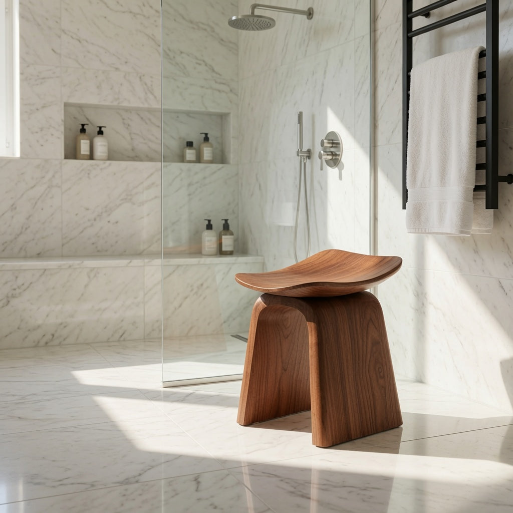 Handcrafted wooden bathroom bench creating a spa-inspired interior