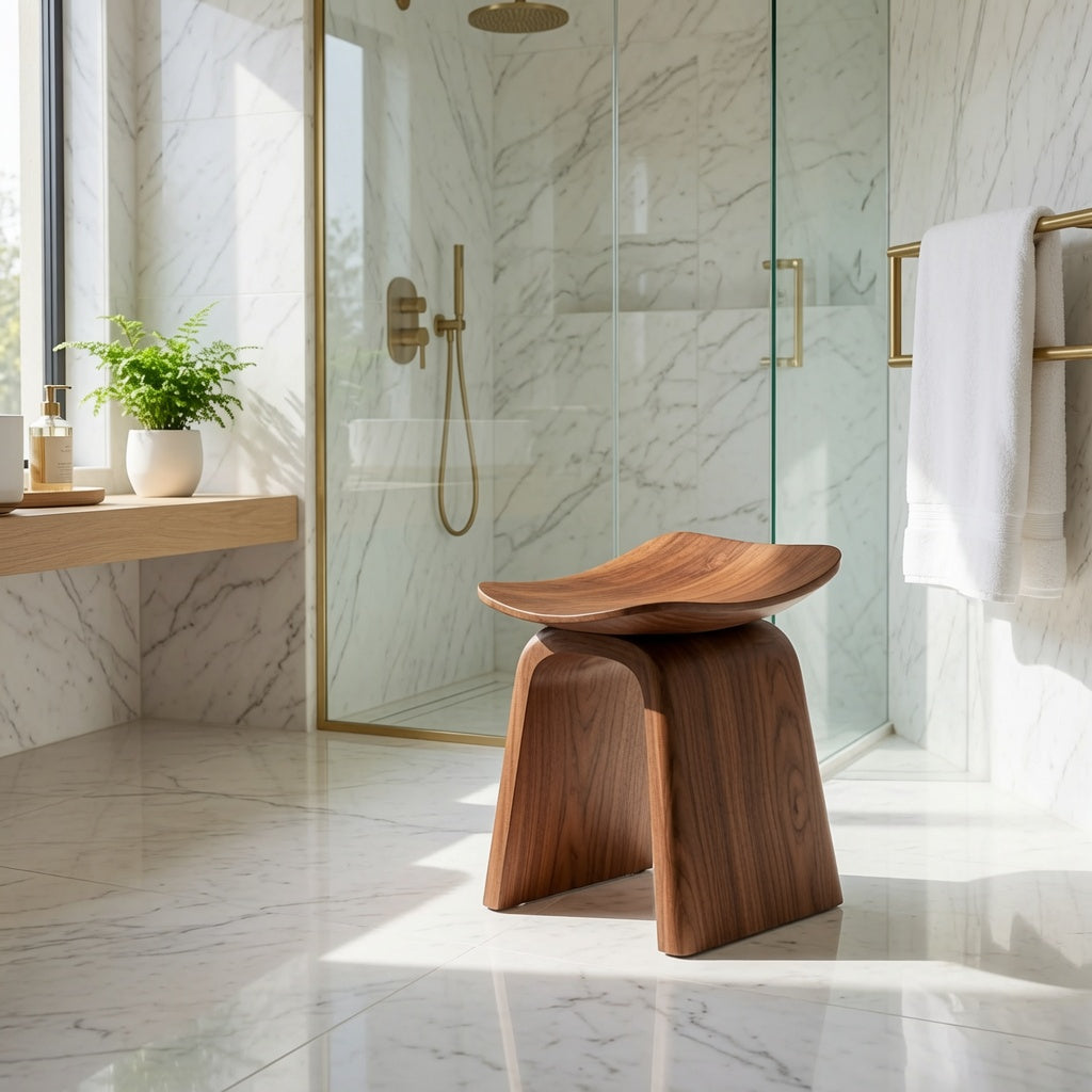 Natural hardwood shower bench enhancing a contemporary bathroom