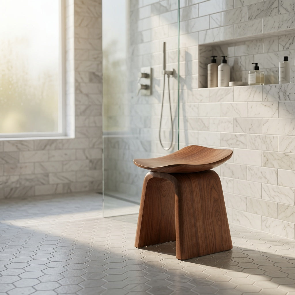 Solid wood shower seat adding warmth and timeless style to a luxury bathroom