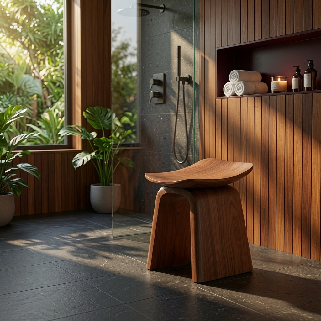 Natural hardwood shower bench enhancing a contemporary bathroom