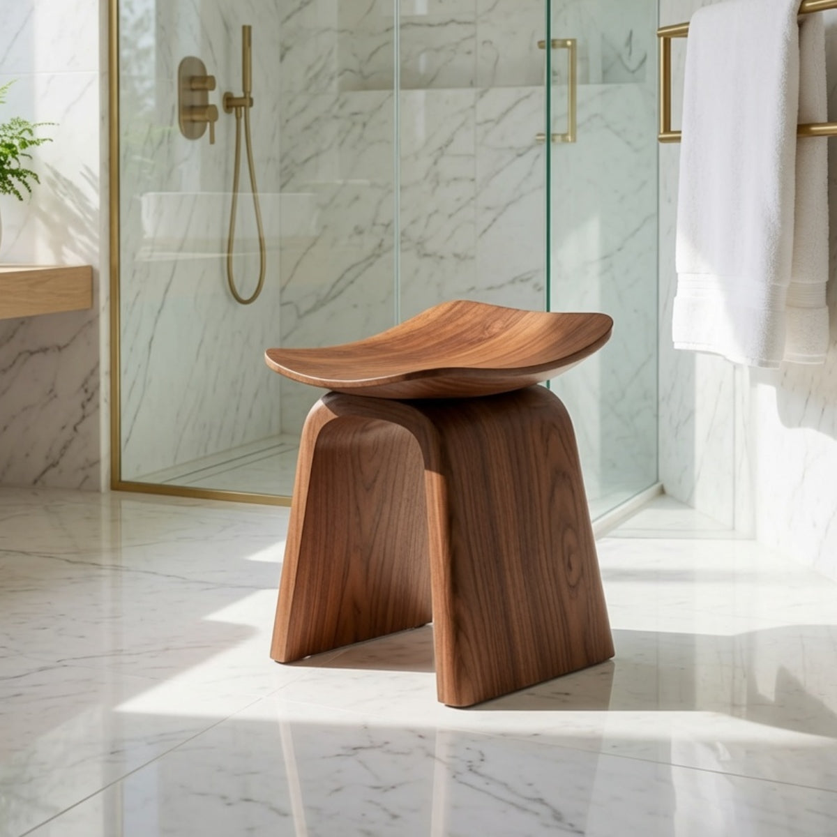 Handcrafted mid-century bathroom bench in solid wood