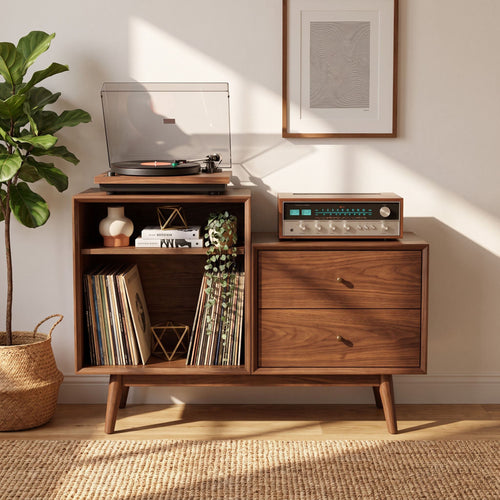 Mid Century Stepped Solid Wood Record Player Stand with Vinyl Storage and Drawers