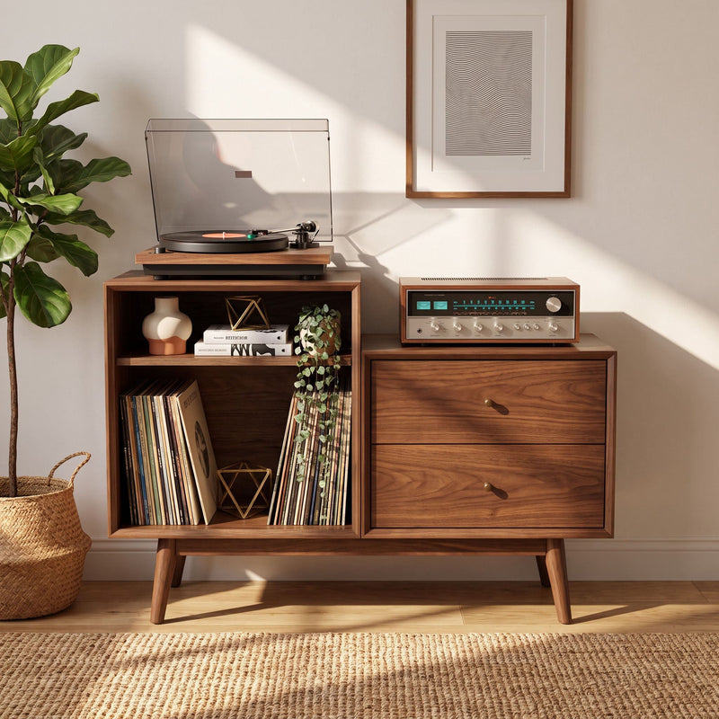 Mid-century stepped record player stand in solid wood