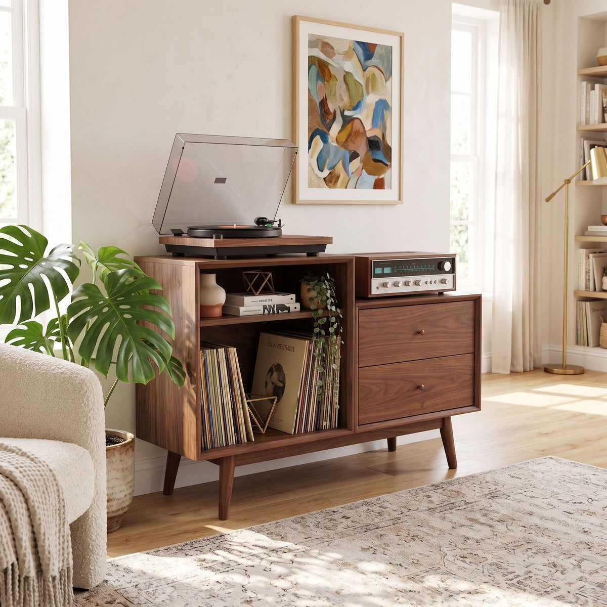 Mid-century stepped solid wood record player stand in a contemporary living room