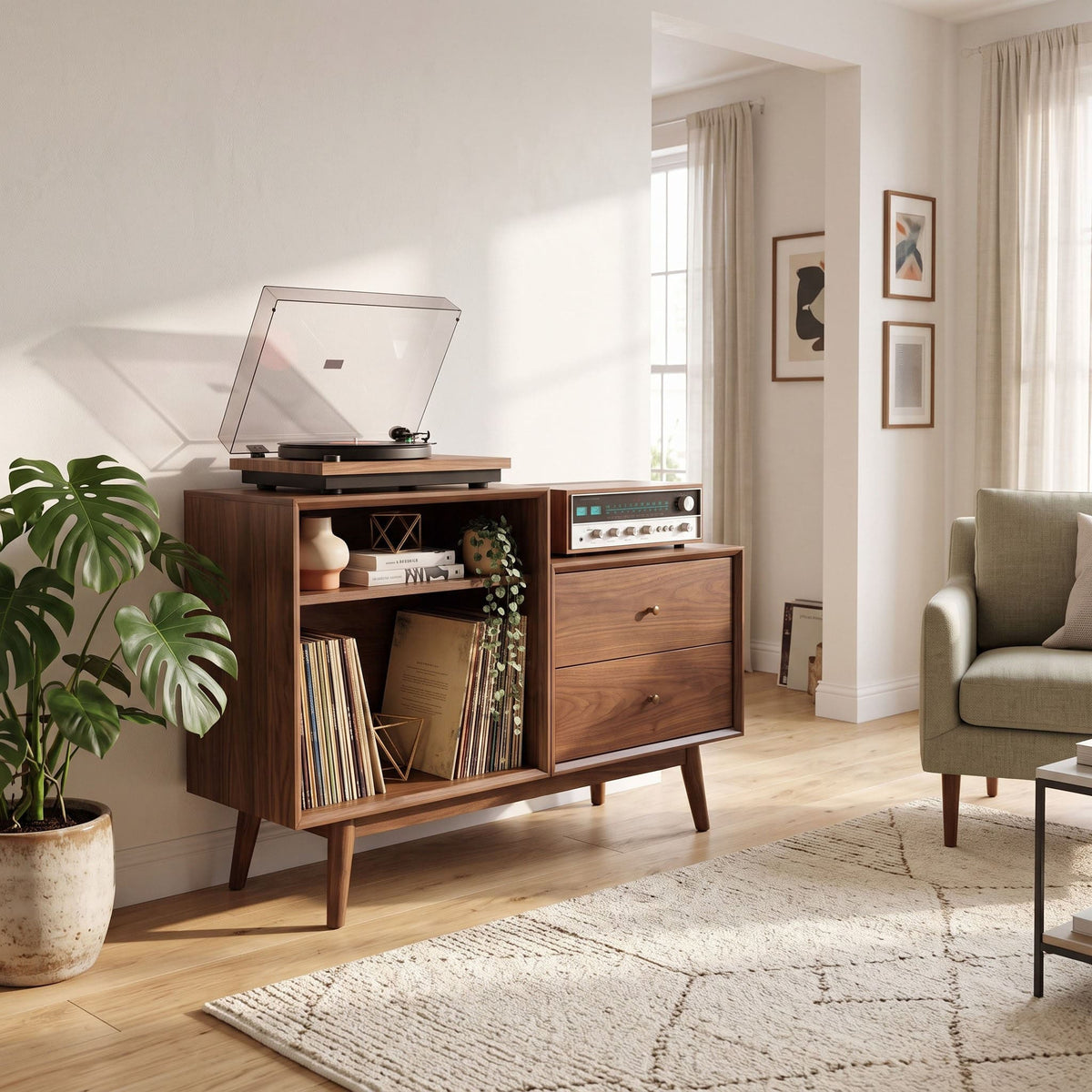 Solid wood vinyl storage console with drawers styled in a modern listening room