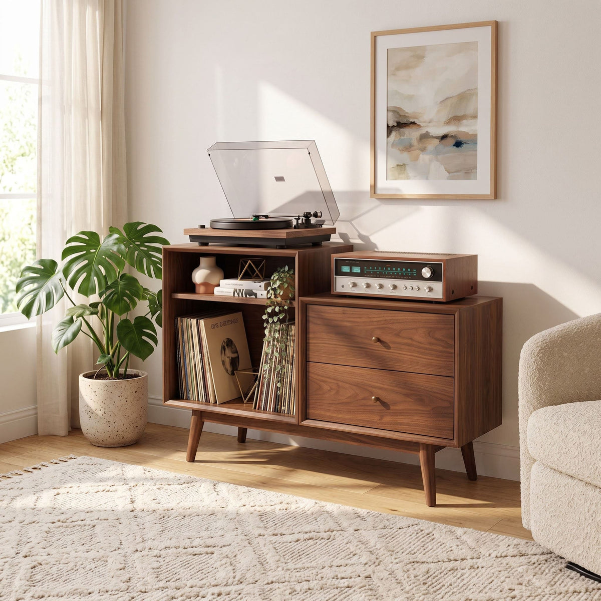 Stepped solid wood turntable stand displayed in a minimalist music space