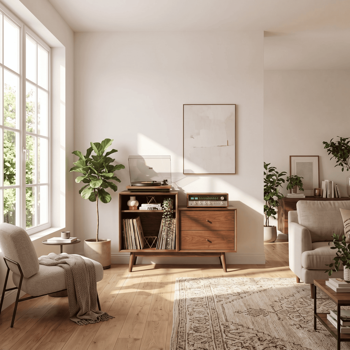Mid-century solid wood record console enhancing a contemporary home interior