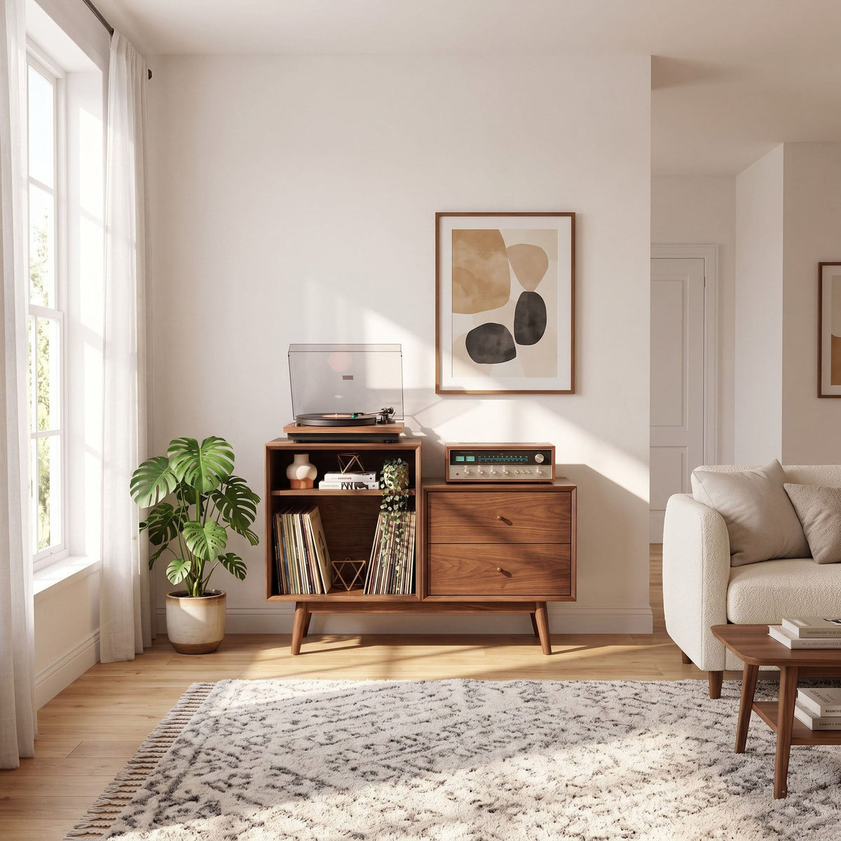 Solid wood record player stand showcased as a statement music furniture piece
