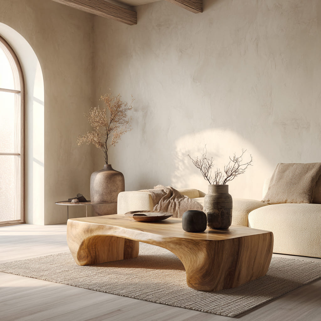 Natural hardwood coffee table enhancing a minimalist living room