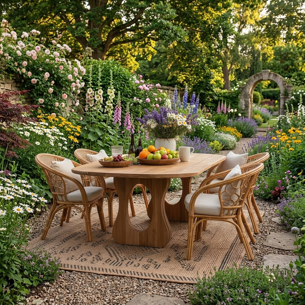 Mid-century wooden dining table styled in a contemporary garden setting