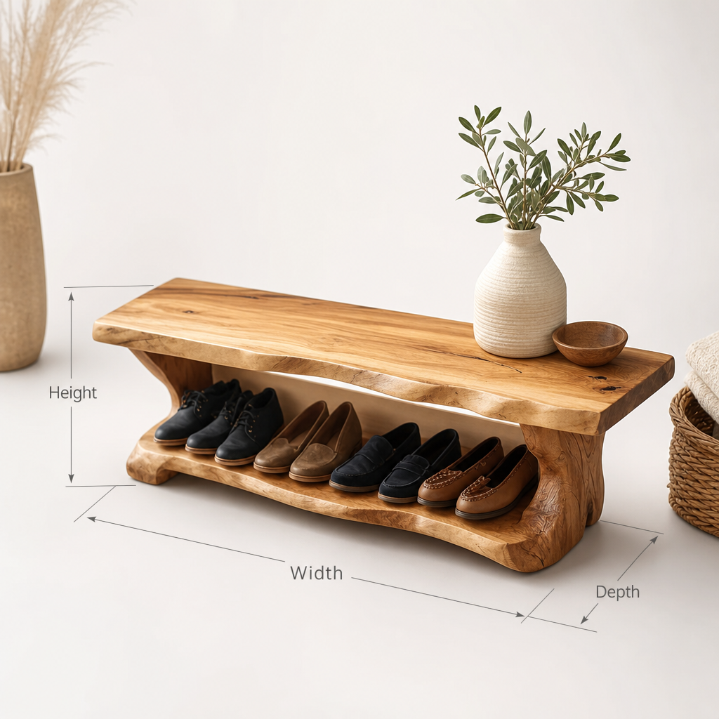 Mid-century handcrafted wooden shoe storage bench tailored for home organization