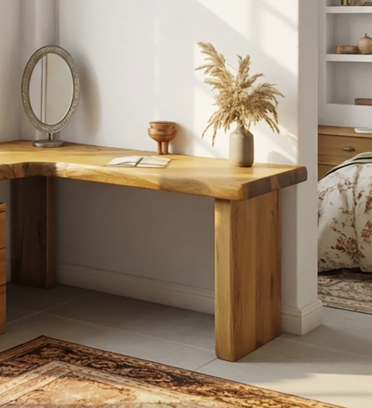 Corner makeup desk for bedroom vanity area interiors