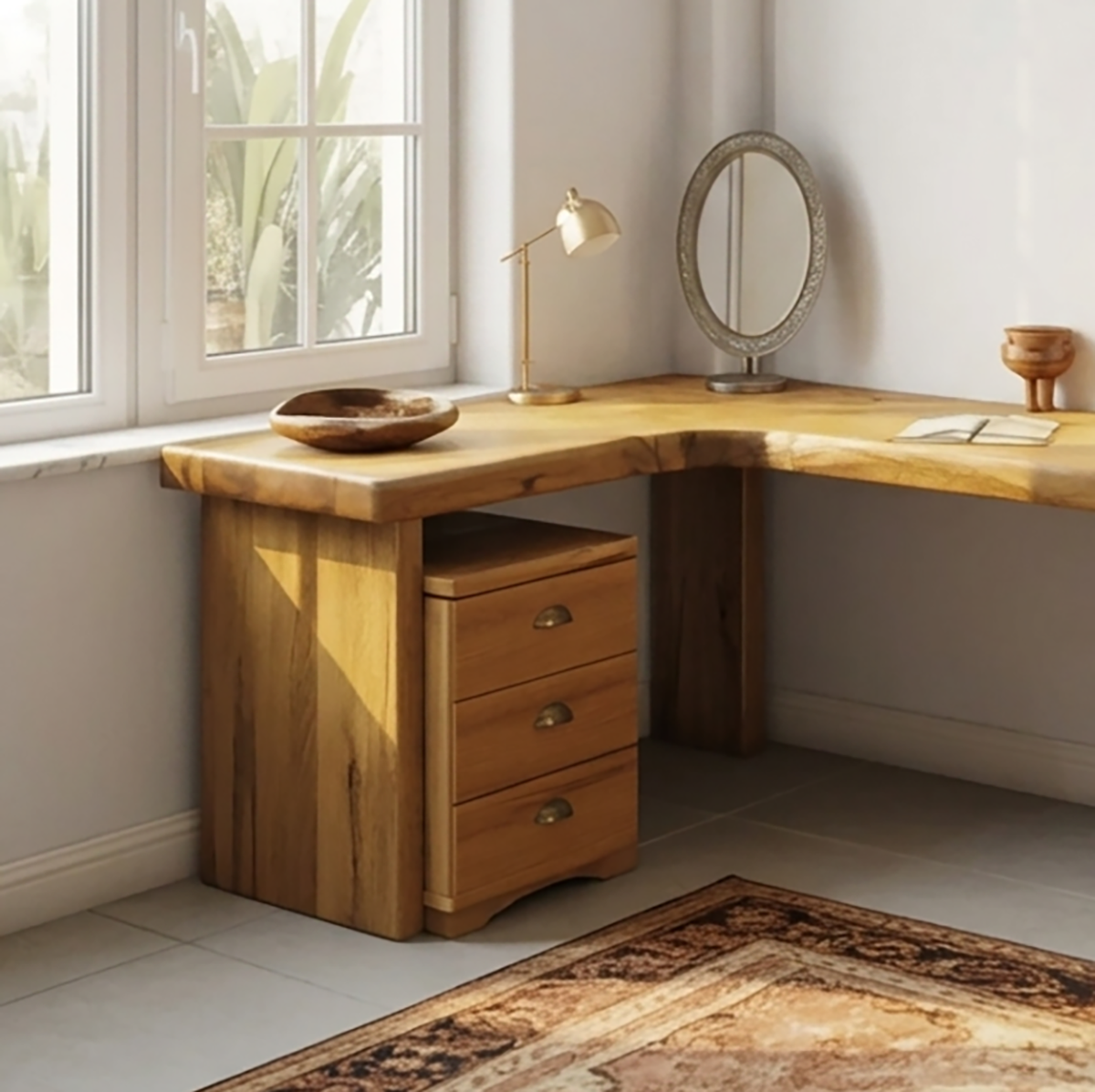 Minimalist wooden vanity desk with modern organic style