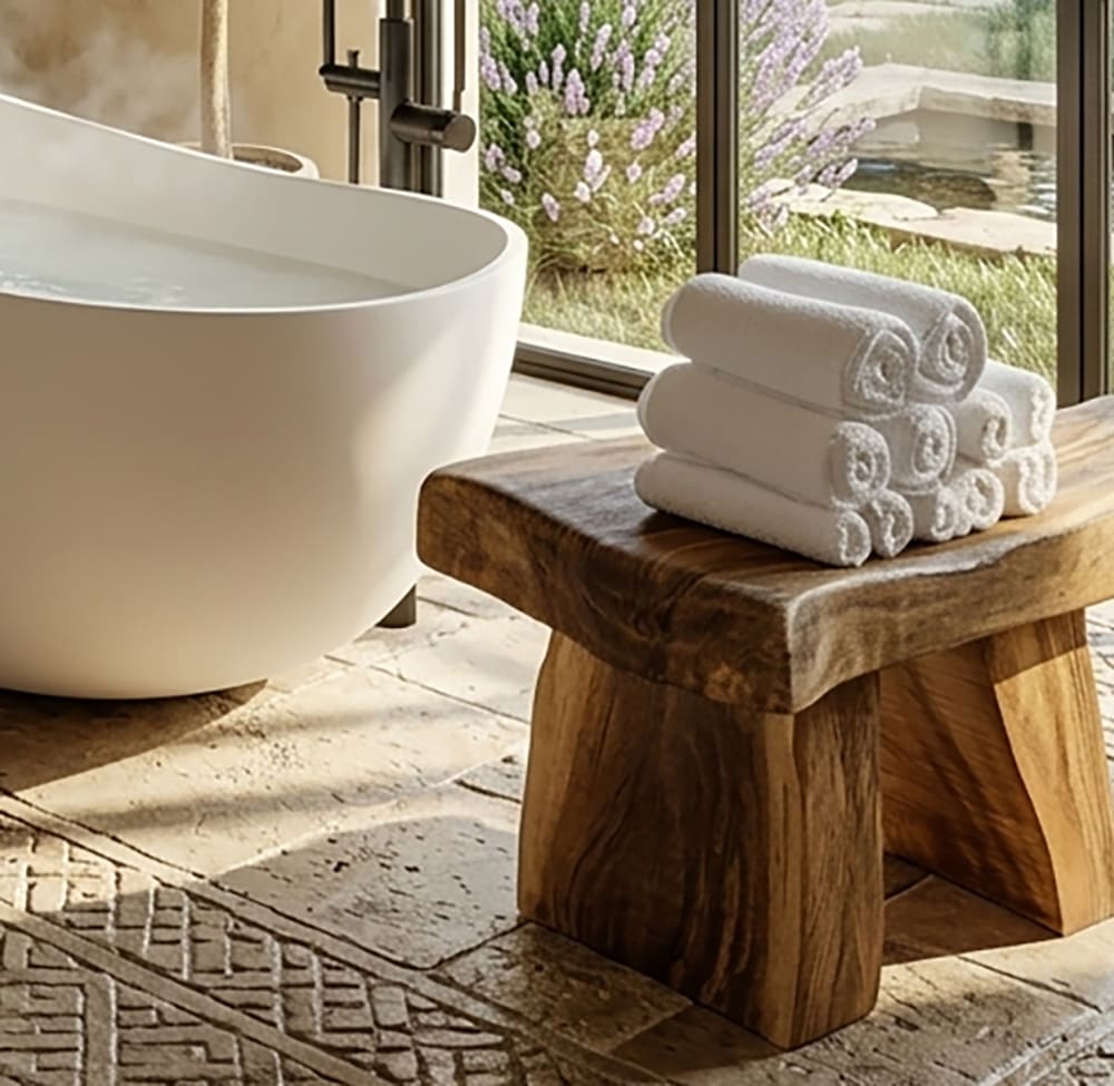 Organic solid wood bathroom stool featuring clean lines and sculptural craftsmanship