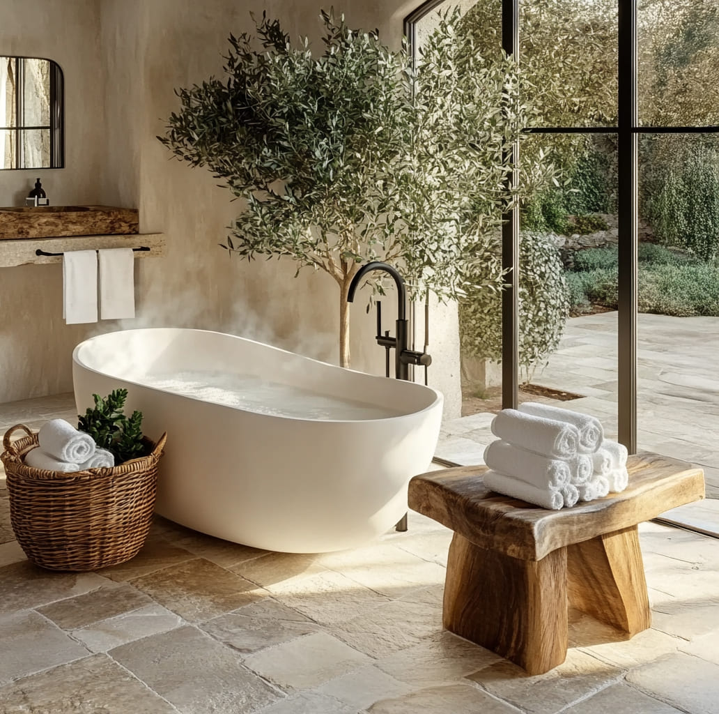 Minimalist wood bathroom stool styled beside a freestanding bathtub in a modern bathroom