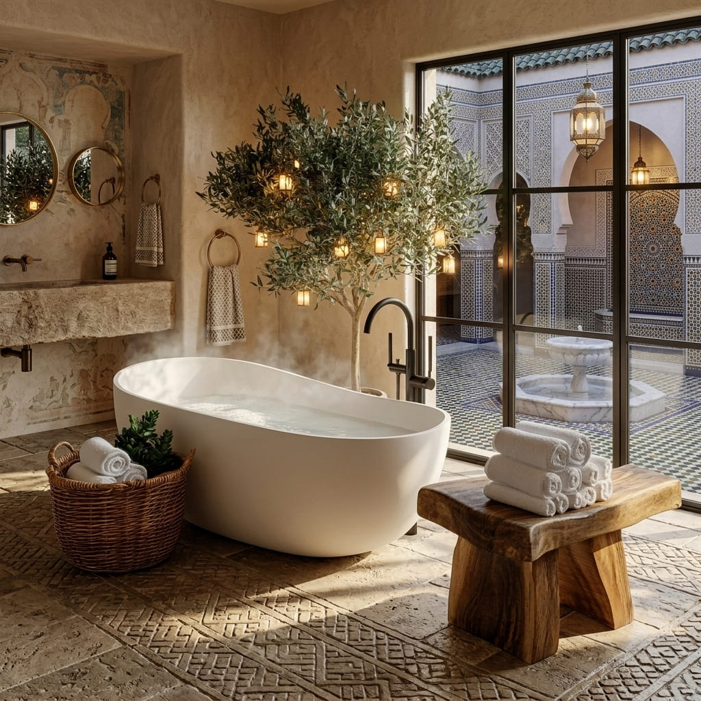 Organic modern solid wood stool displayed in a serene spa-inspired bathroom setting