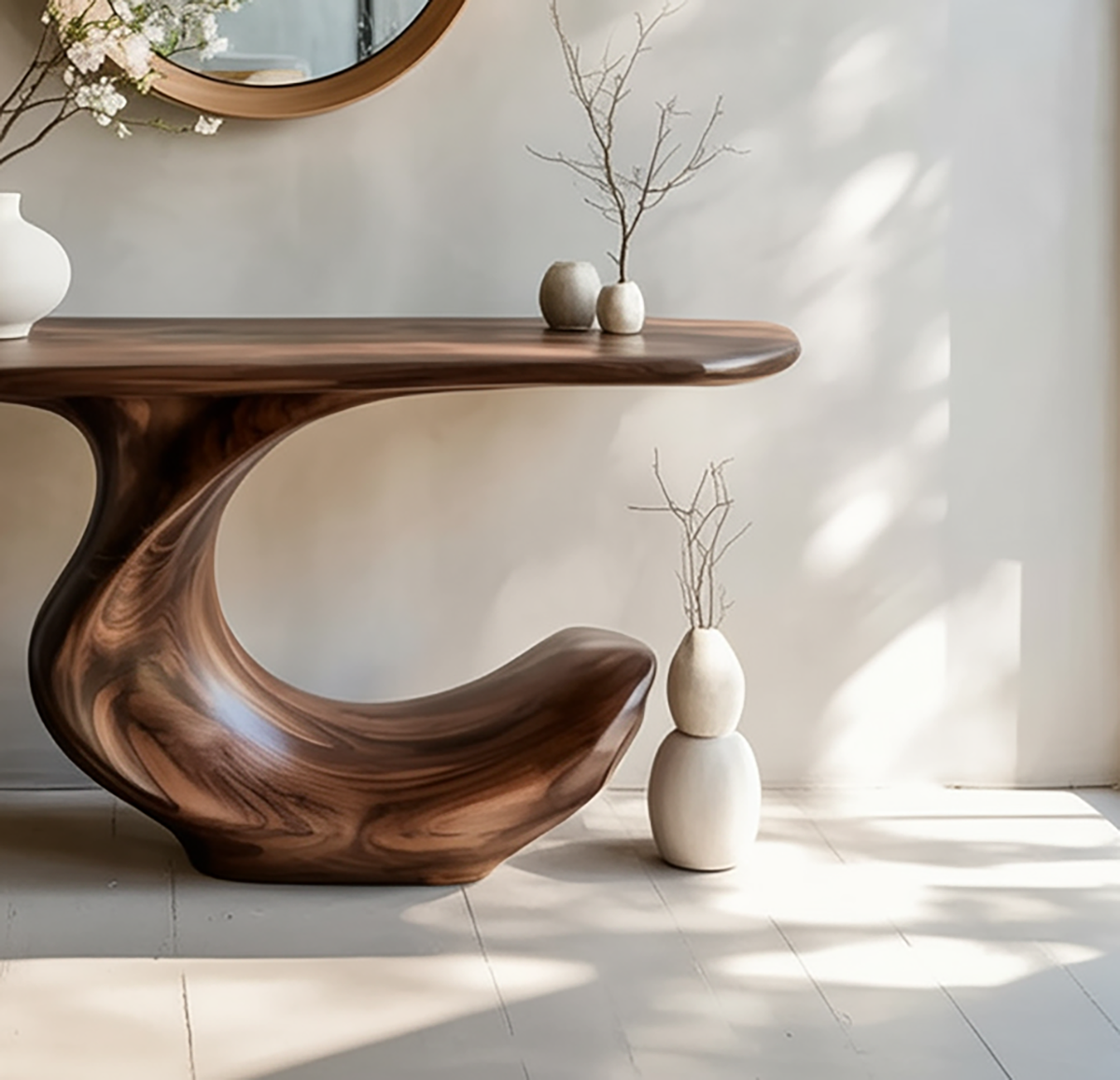 Unique wood entry table with sculptural curved silhouette