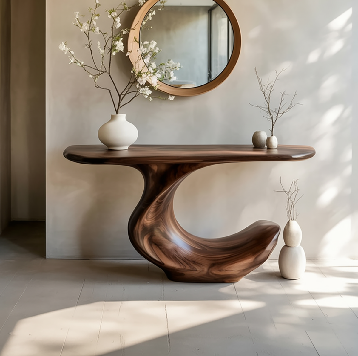 Minimalist curved console table with flowing wood design