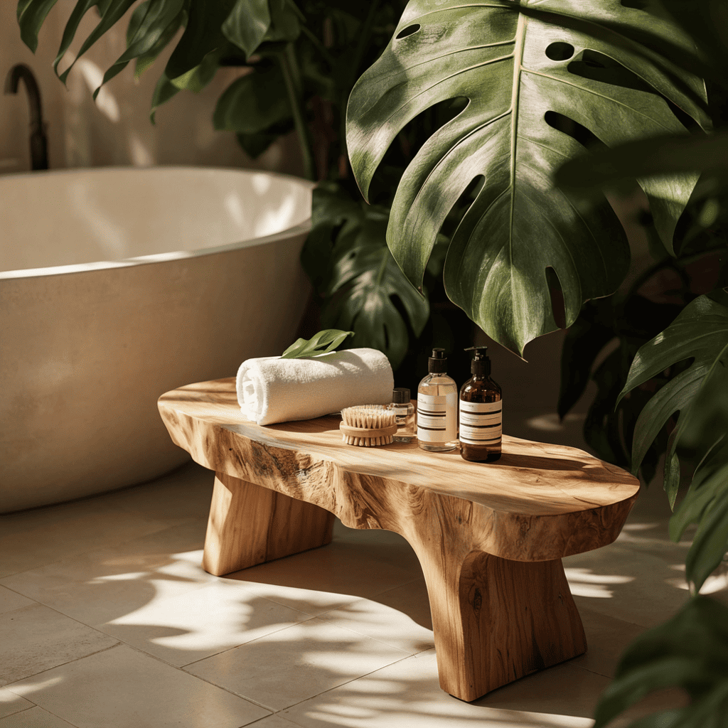 Artisan wooden shower seat adding natural warmth to a minimalist bathroom