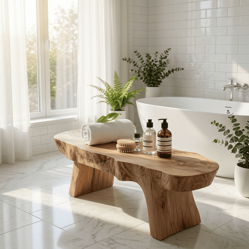 Minimalist organic solid wood shower bench in a modern bathroom