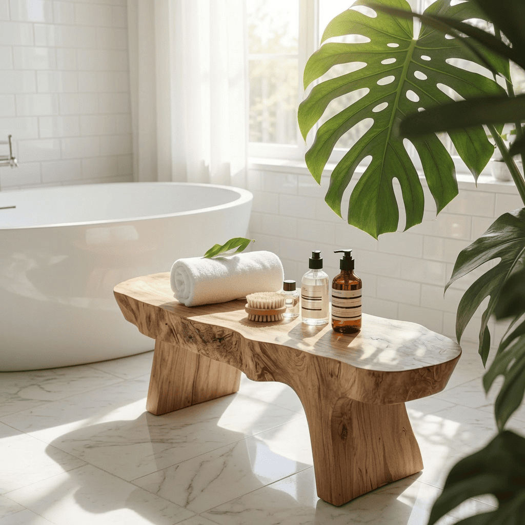 Organic wooden bathroom bench crafted from natural hardwood