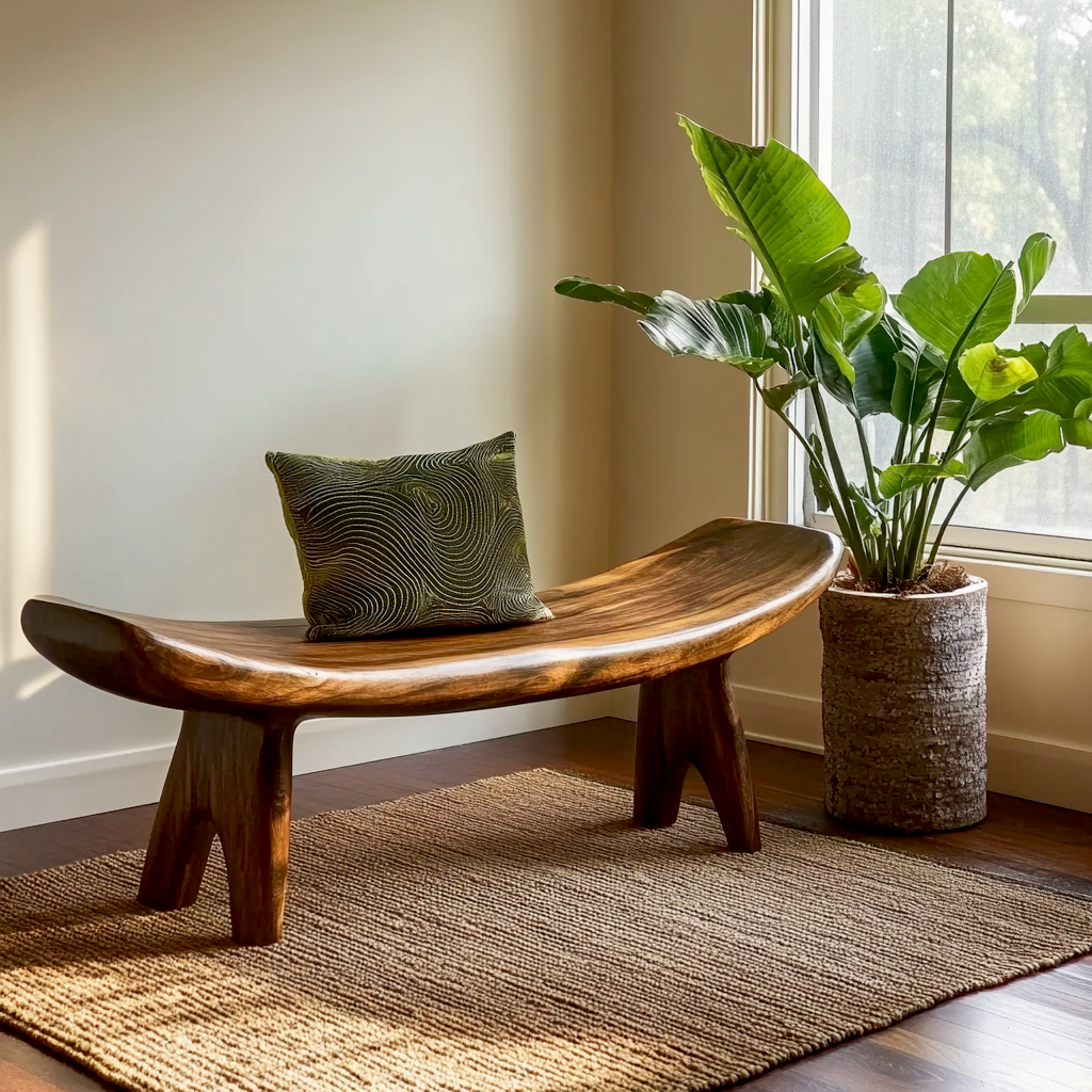 Organic wood bench with hand carved sculptural design