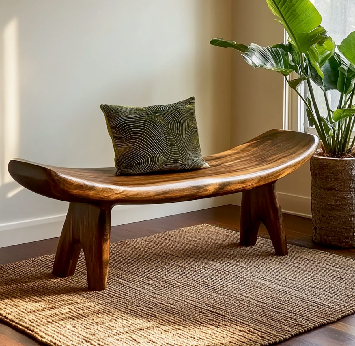 Minimalist Organic Wood Bench – Hand-Carved Sculptural Seating for Bedroom & Entryway