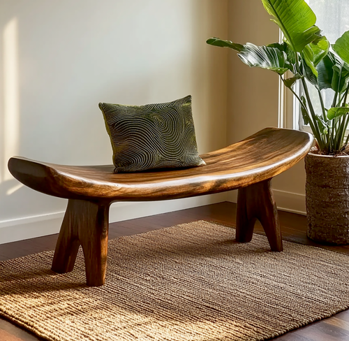 Minimalist Organic Wood Bench – Hand-Carved Sculptural Seating for Bedroom & Entryway