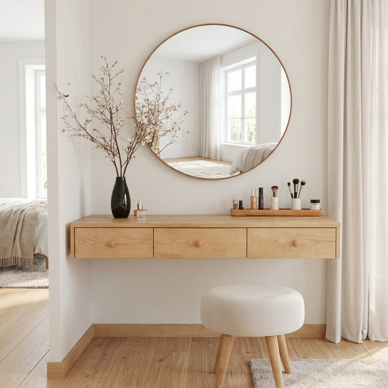 Minimalist wooden floating vanity desk crafted from solid wood
