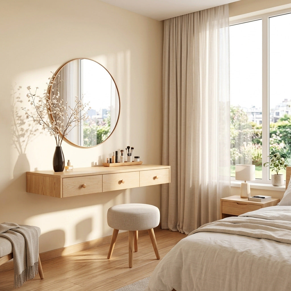 Minimalist solid wood floating vanity desk in a contemporary bedroom