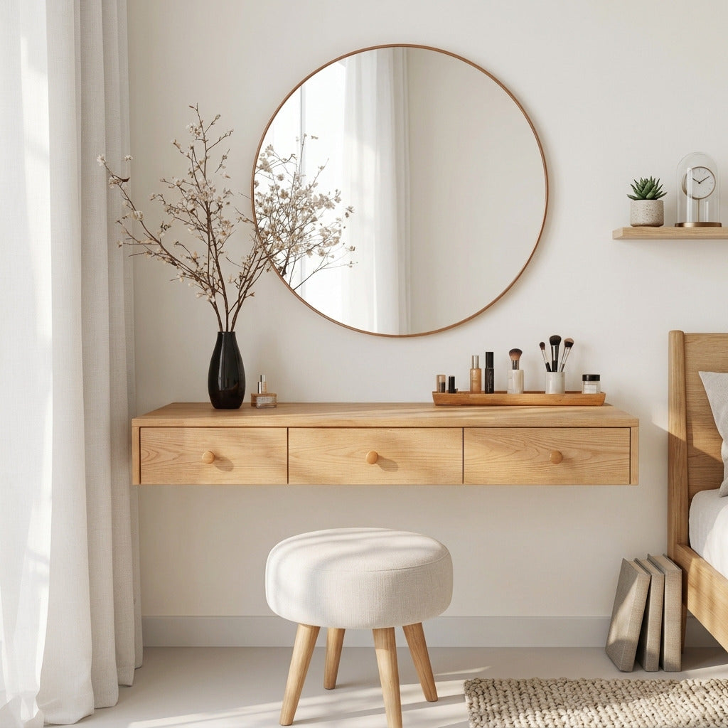 Modern solid wood floating vanity desk with three drawers in a stylish home