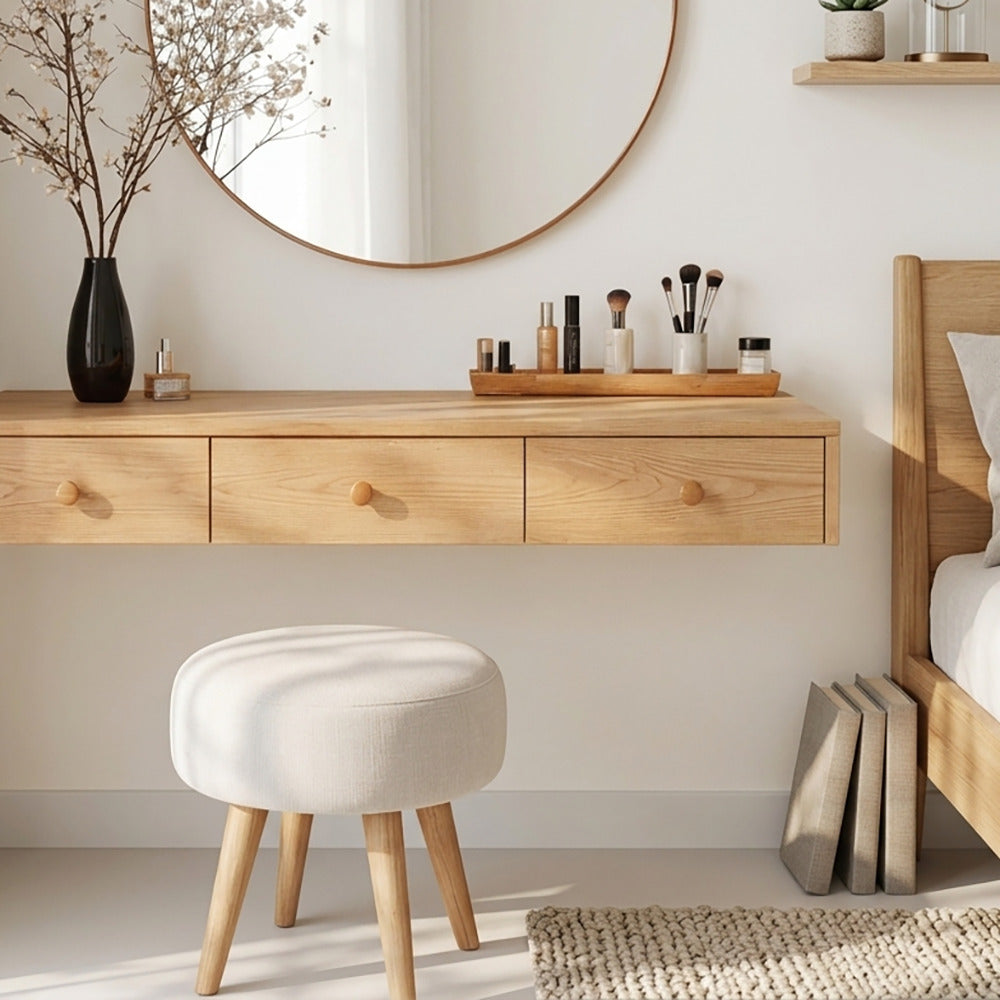 Wall-mounted solid wood vanity desk with storage drawers