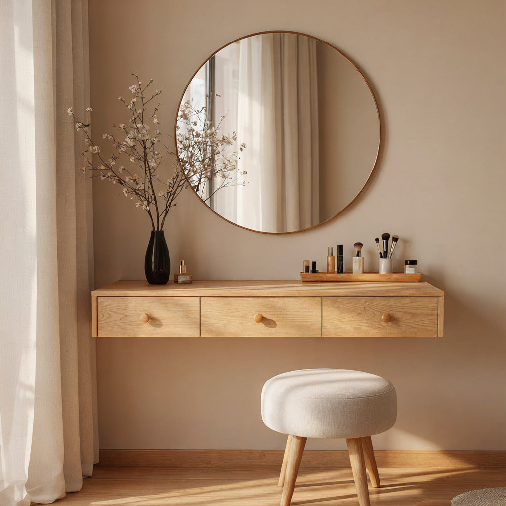 Contemporary solid wood wall-mounted vanity desk in a minimalist interior