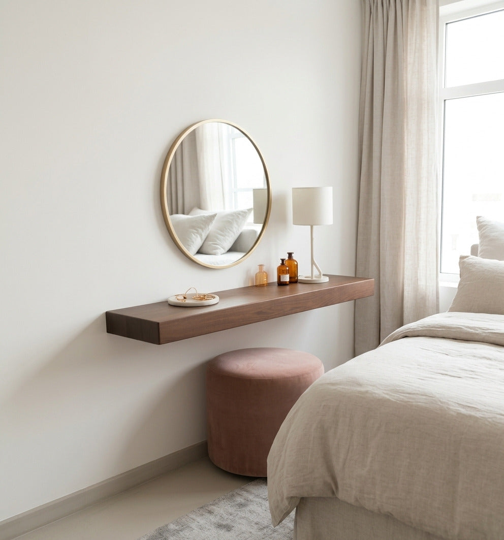 Minimalist solid wood thick floating vanity shelf in a contemporary bedroom