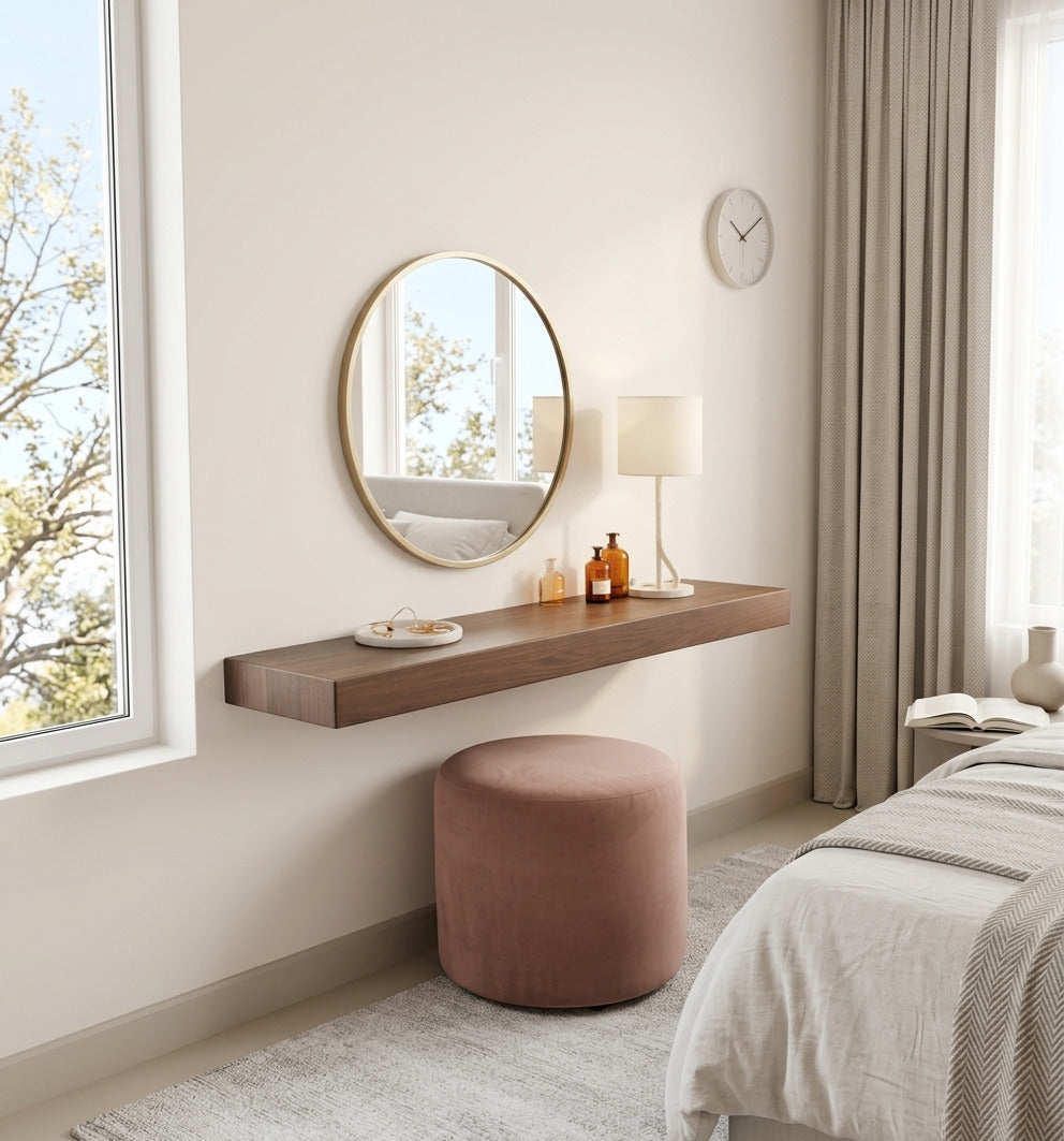 Contemporary solid wood floating vanity shelf styled in a modern bedroom