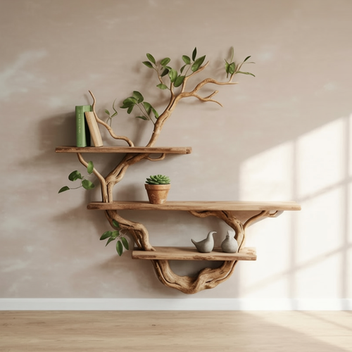 Minimalist Tree Shaped Wall Shelf - Solid Wood Branch Bookshelf