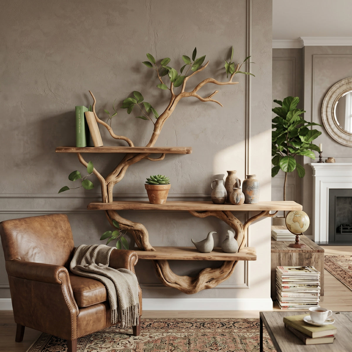 Minimalist tree wall shelf with solid wood branch design