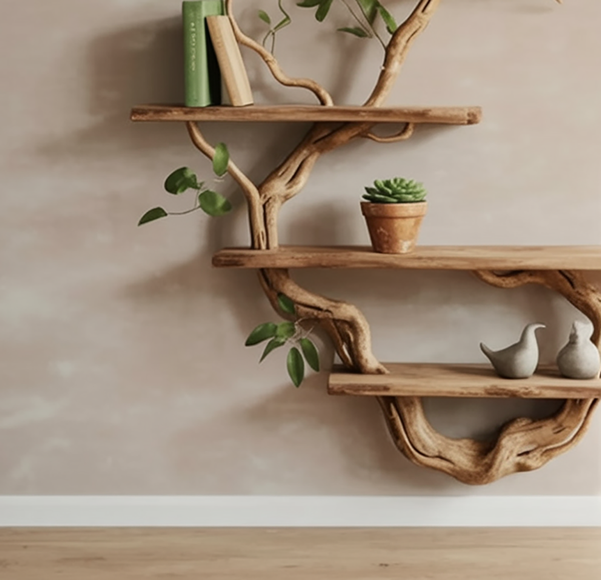 Wooden branch wall shelf for books and decorative display