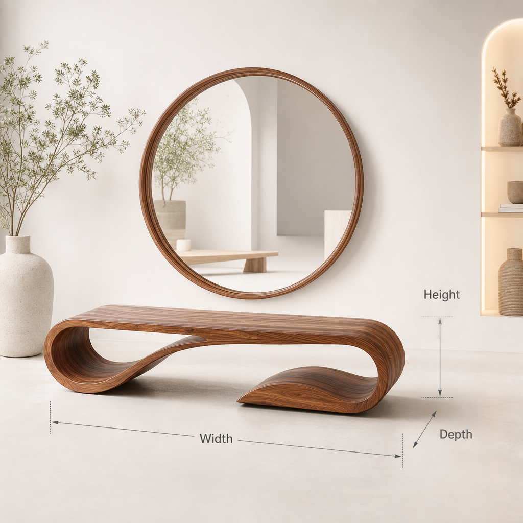 Minimalist wooden bench in mid-century modern style for entryway display