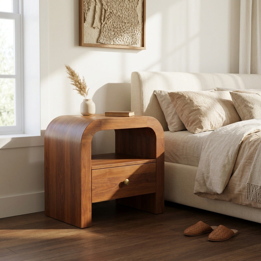 Modern solid wood nightstand with drawer in a contemporary bedroom