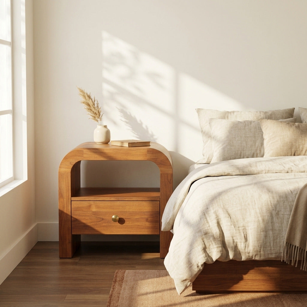 Curved solid wood bedside table with open storage shelf in a modern bedroom