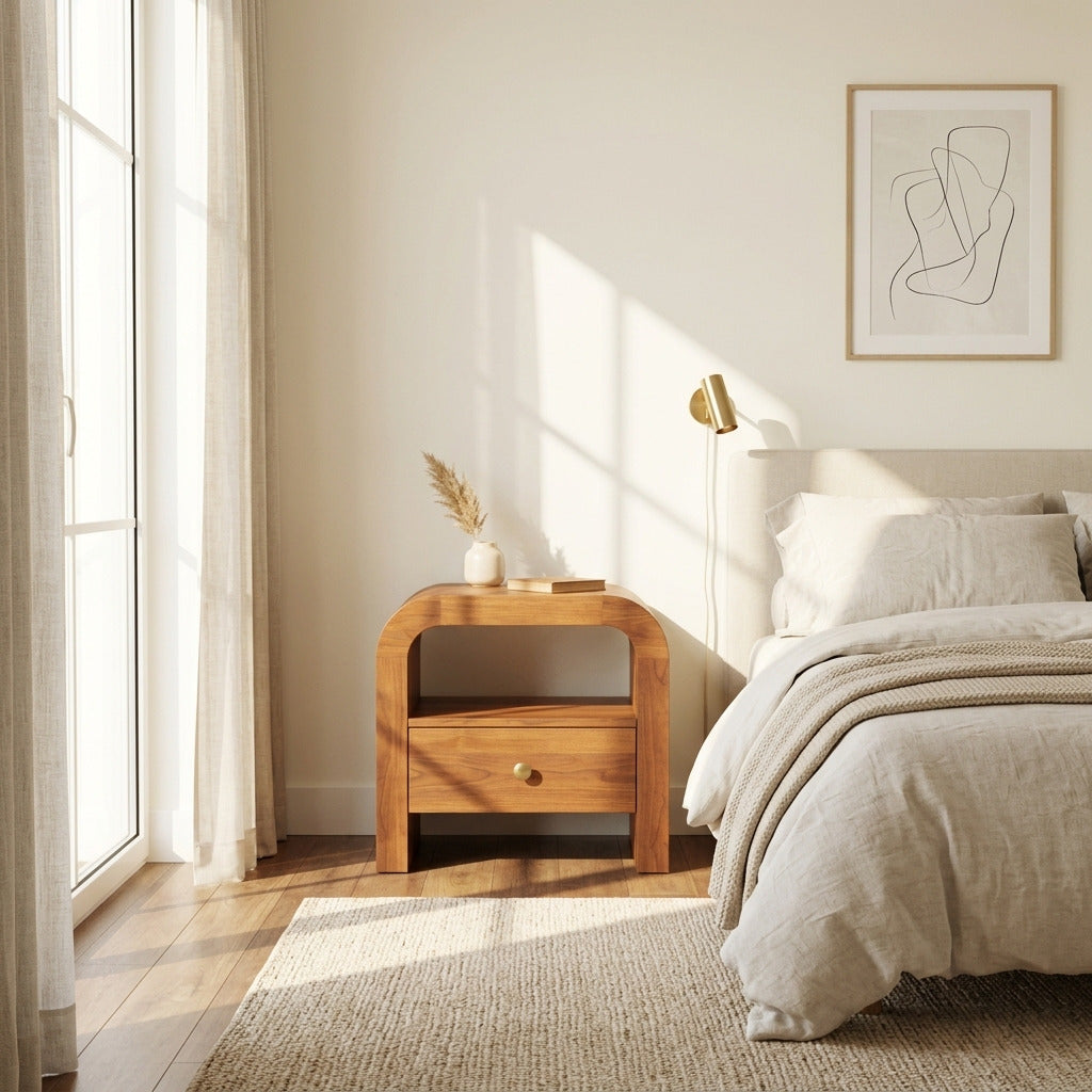 Contemporary solid wood nightstand styled in a minimalist bedroom