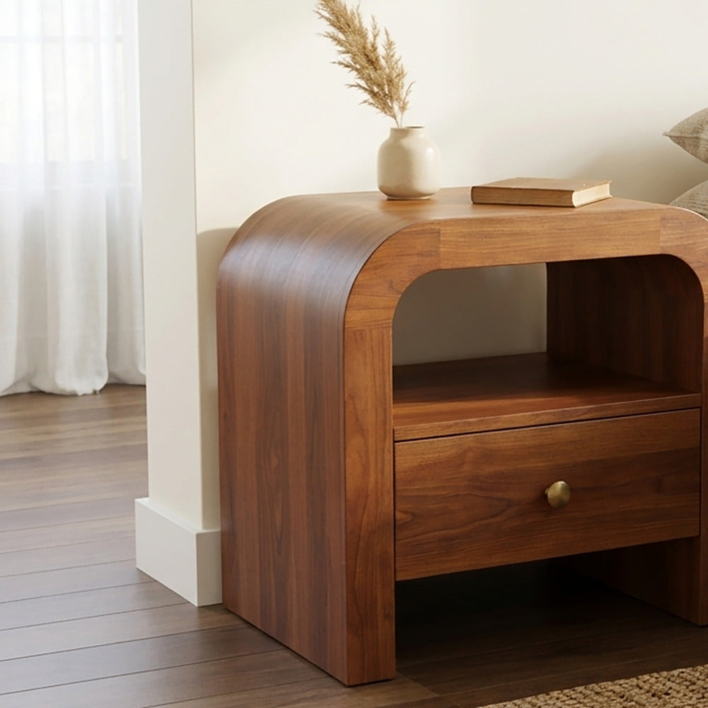 Minimalist solid wood nightstand with open storage shelf