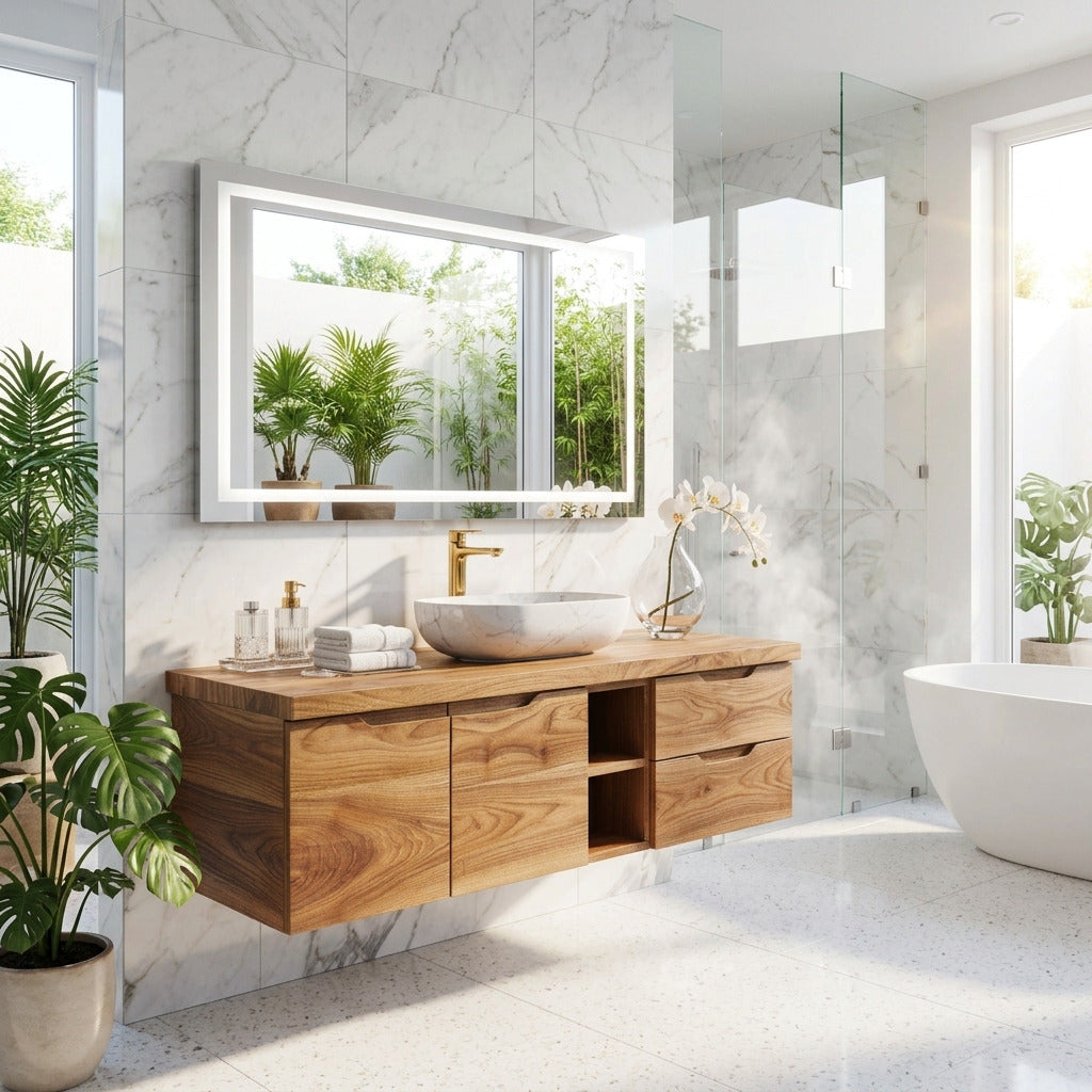 Modern floating solid wood bathroom vanity in a contemporary bathroom
