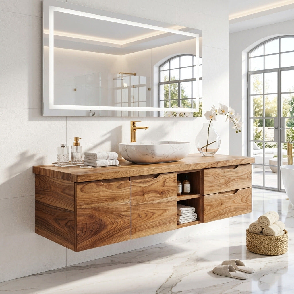 Modern floating solid wood vanity for a stylish bathroom interior