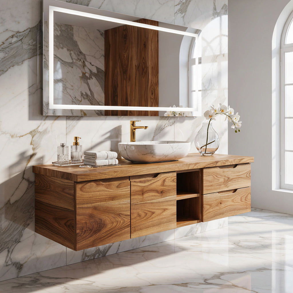 Elegant solid wood wall-mounted vanity in a spacious bathroom