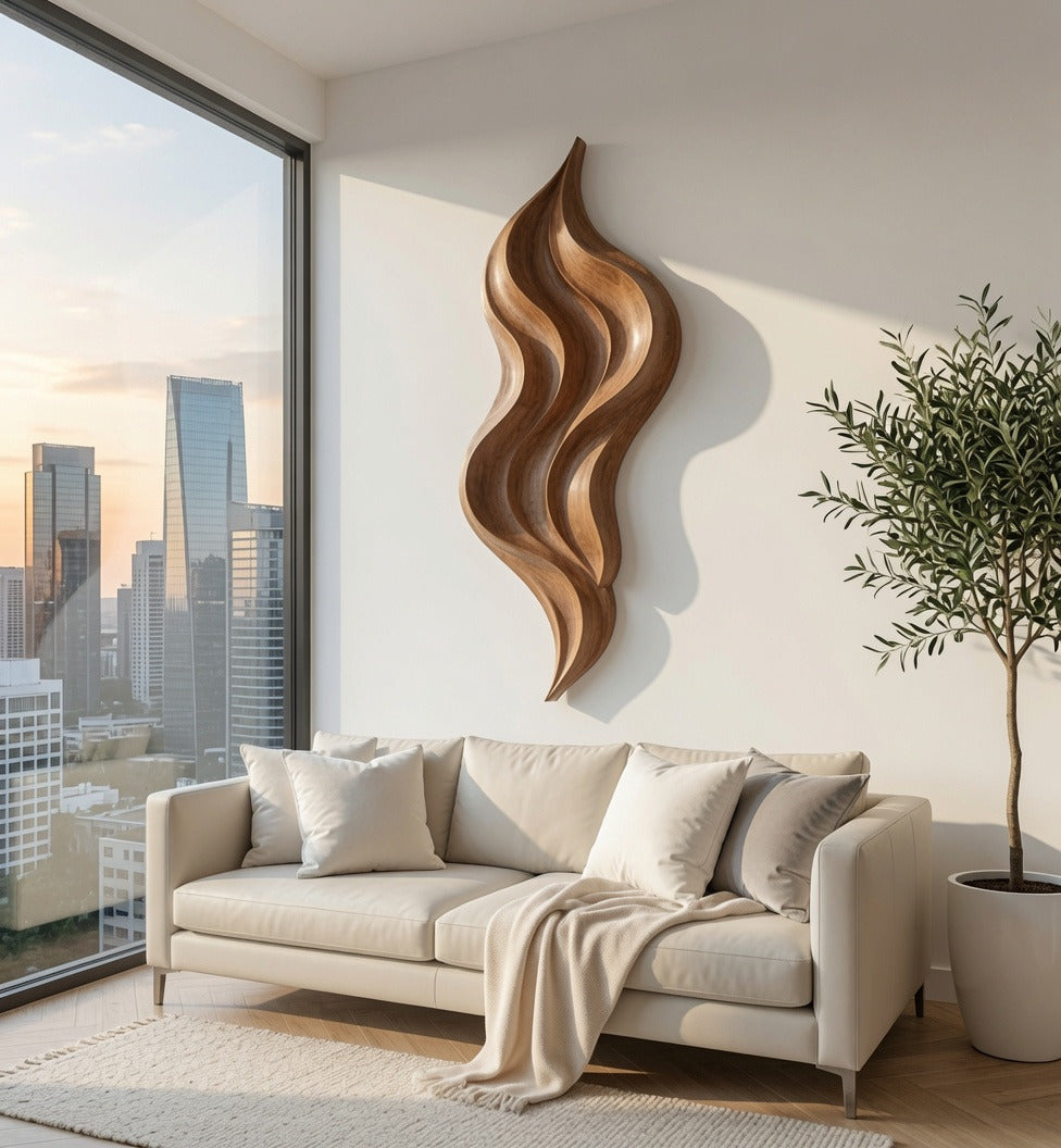 Modern fluid solid wood wall decor panel in a contemporary living room