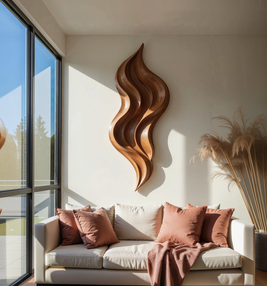 Sculptural wooden wall art creating a statement above a sofa